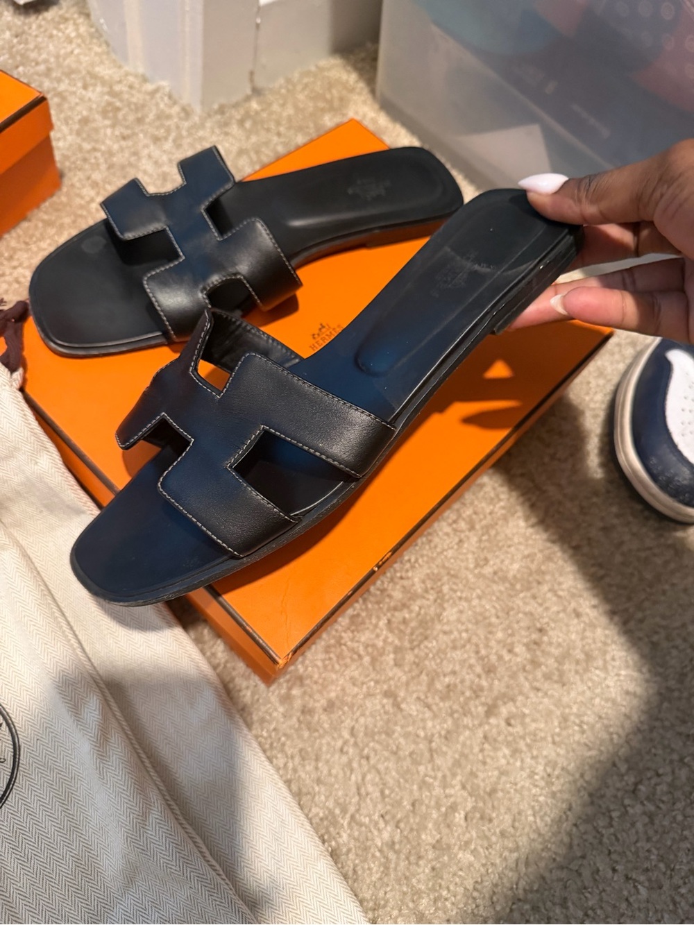 Hermes Black Leather H-Strap Women's Slide Sandals